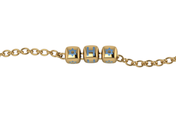 Sterling Silver Rakhi 18 Kt Gold Plated Personalised With Name - Blue Enamel Dice Cubes