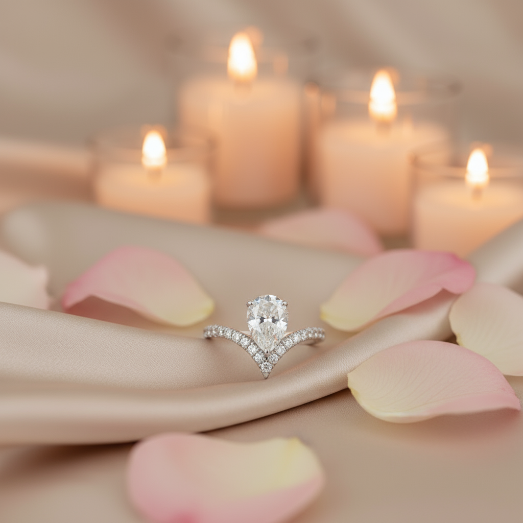 1.5 Carat Pear Moissanite V-Cut Halo Ring