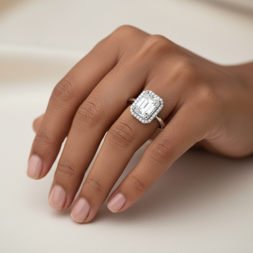 3 Carat Emerald-Cut Moissanite Halo Ring