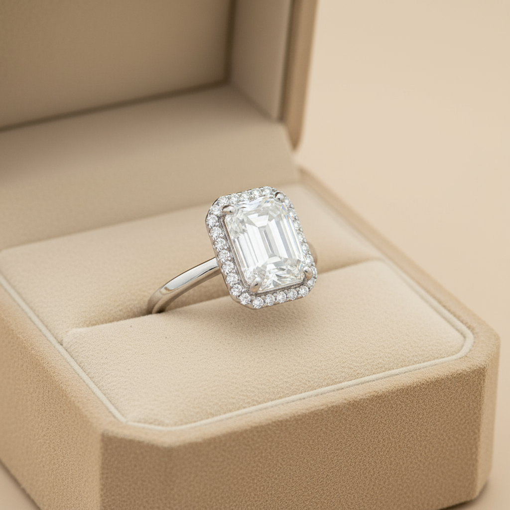 3 Carat Emerald-Cut Moissanite Halo Ring