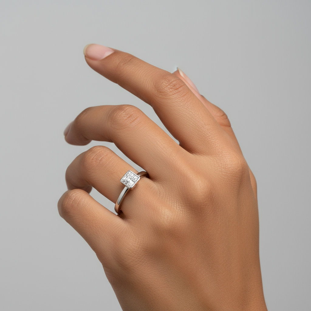 3/4 Carat Princess Cut Bezel Set Ring