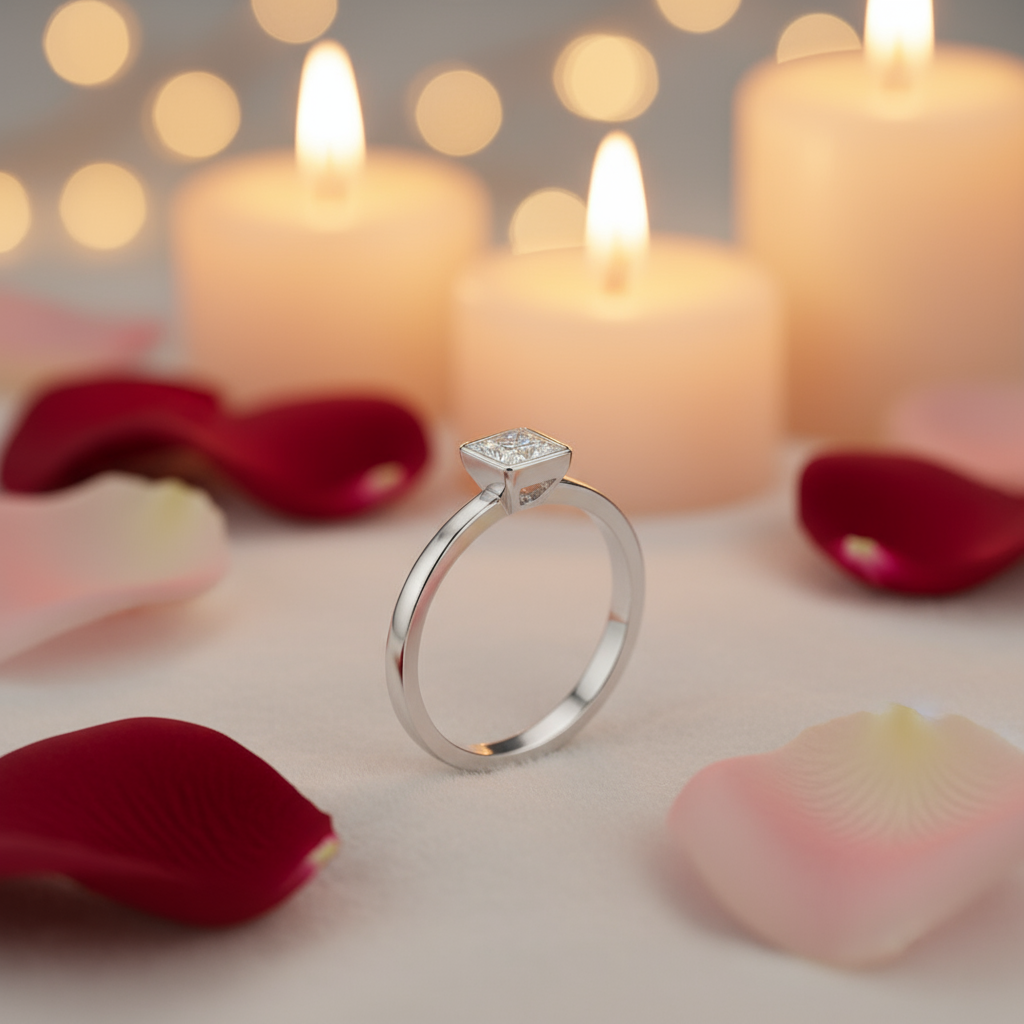 3/4 Carat Princess Cut Bezel Set Ring